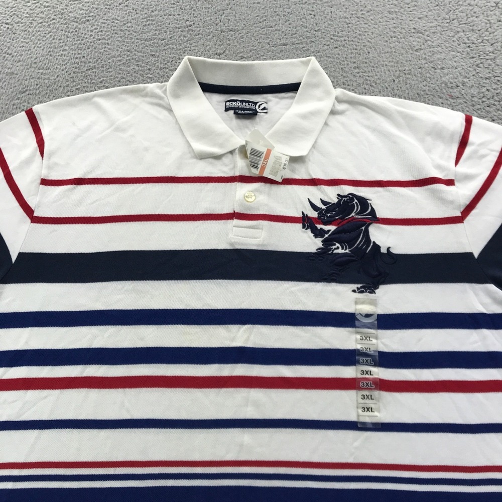 Vintage Ecko Unltd Shirt Mens 3XL White Red Blue Stripes Embroidered Rhino Y2K